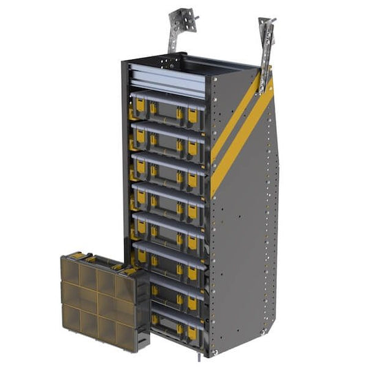 Partskeeper cabinet with 8 carry cases & 2 shelves, 16"d x 20"w x 62 h"